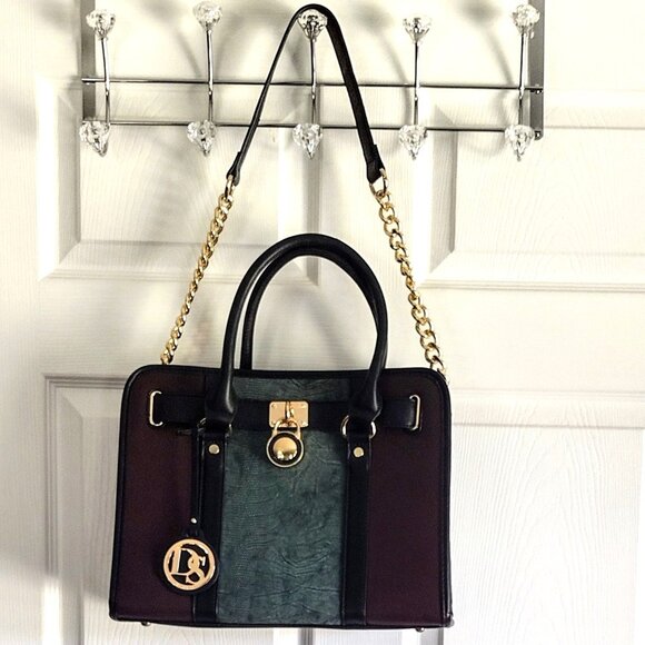 Dasein Satchel Handbag w/Shoulder Straps and Padlock (Brown/Green/Black) - Picture 2 of 10